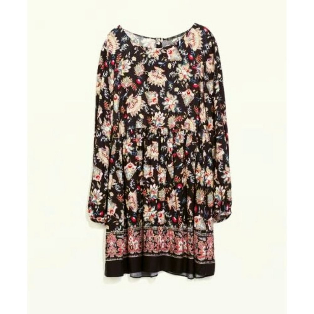 Zara Floral Babydoll Button-Up Buttondown Back Long Sleeve Empire Waist Dress S